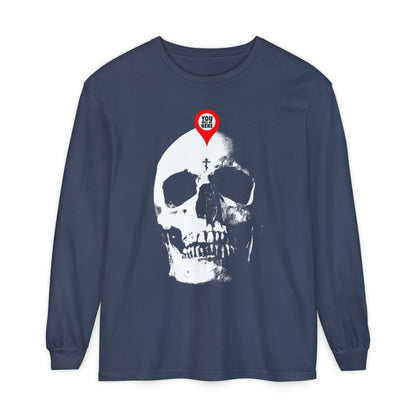 Midnight long-sleeve featuring a bold skull design with a map marker—"You Will Be Here." Inspired by St. Ignatius Brianchaninov, this Orthodox memento mori shirt reminds you: "What you are I once was; remember you will die.