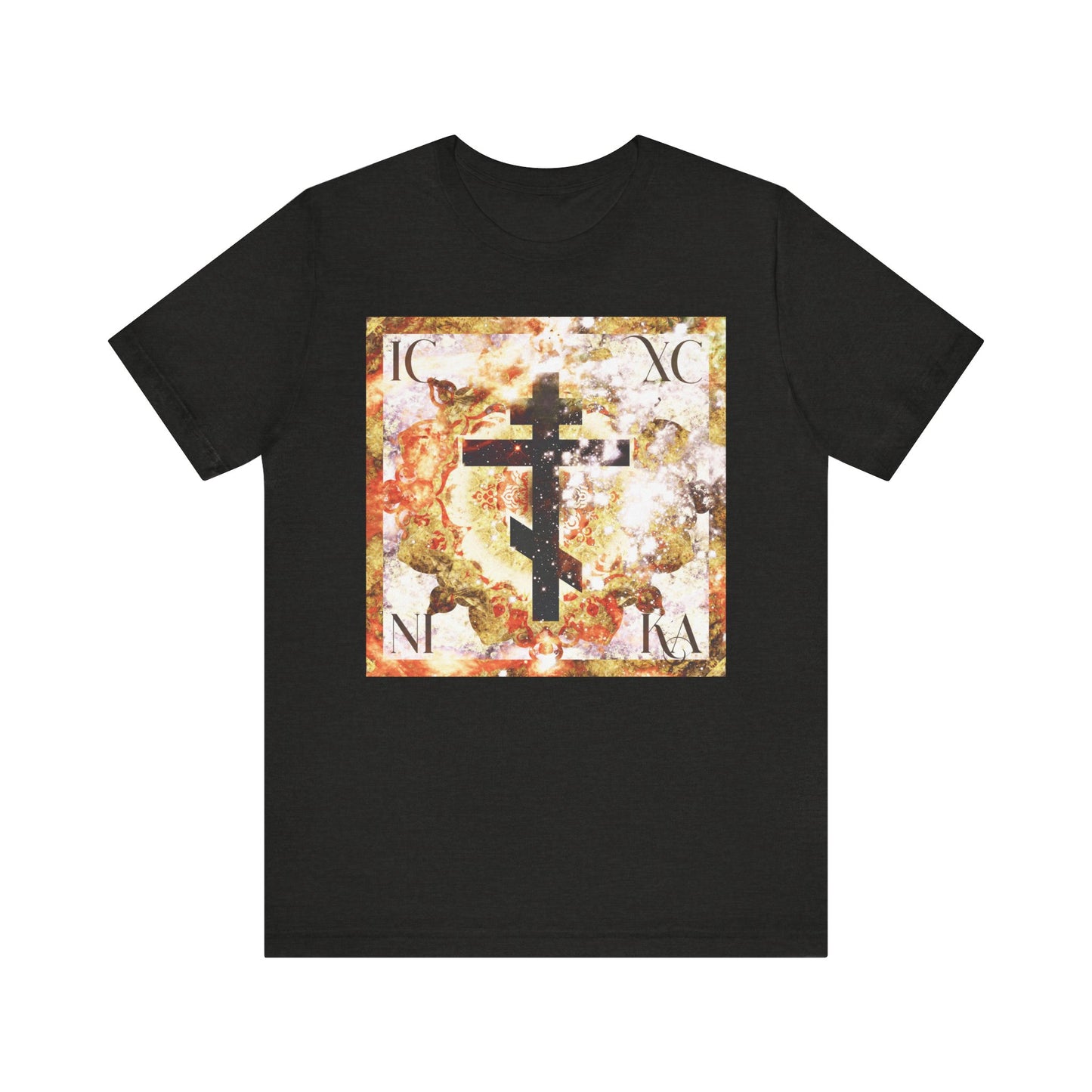 Black Heather t-shirt featuring the ICXC NIKA Beige & Brown Textured Glowing Cosmic Art Cross, framed in a square and encircled by the letters IC XC NI KA. This Orthodox Christian unisex lightweight cotton shirt elegantly represents Christ’s Incarnation, beautifully blending divine and human natures in a striking tribute to faith.