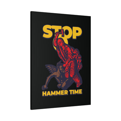 A modern Orthodox meme shows St Marina of Antioch beating the devil with a hammer, with the text "Stop, Hammer Time." Features bold red, blue, and yellow for eye-catching Christian wall art.
