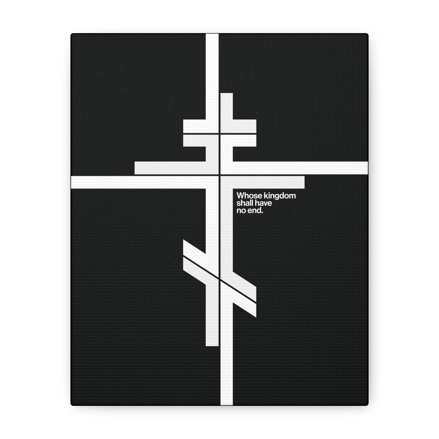 Whose Kingdom Shall Have No End | Luke 1:32-33 – Modernist minimalist Orthodox cross on black canvas art, symbolizing the eternal nature of Christ’s kingdom.