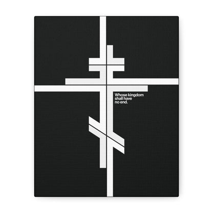 Whose Kingdom Shall Have No End | Luke 1:32-33 – Modernist minimalist Orthodox cross on black canvas art, symbolizing the eternal nature of Christ’s kingdom.