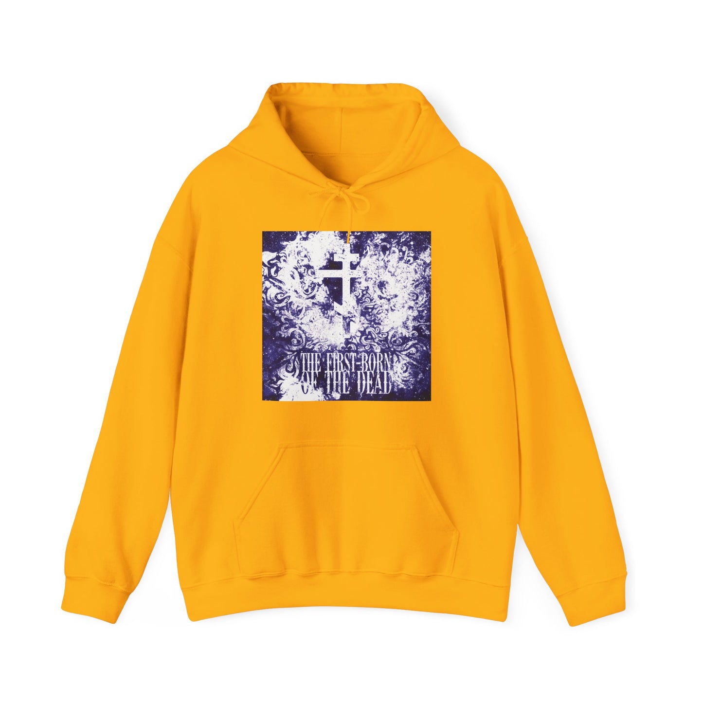 Gold hoodie with a glowing white and blue cosmic Orthodox cross and "The First-Born of the Dead" text, inspired by Christ’s resurrection. Orthodox Christian design for Resurrection & Apocalypse themes.