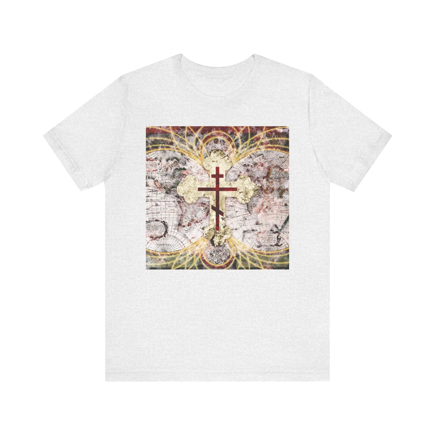 Ash unisex tee featuring a red Orthodox cross on an antique map with glowing magnetic lines, inspired by "Conqueror of Death" and Revelation 1:18; lightweight cotton for Orthodox Christians.