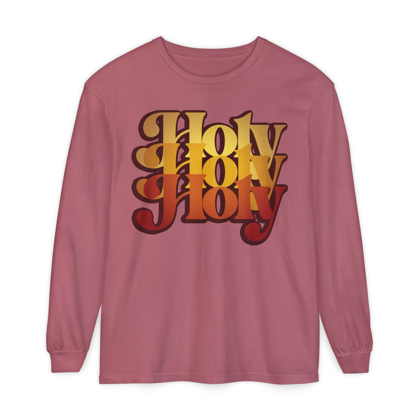 Crimson long-sleeve cotton shirt featuring bold, retro “Holy Holy Holy” text on the front, inspired by Isaiah 6 and Revelation 4. Named “Holy Holy Holy Trisagion Liturgical Prayer 70s Style | Cherubim & Seraphim Prayer.”.