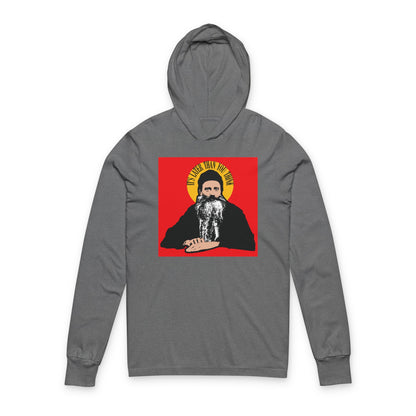 Grey TriBlend hoodie with "It's Later Than You Think"—a Fr Seraphim Rose quote in a yellow halo. Modern American Orthodox Christian Saint graphic. Orthodox Christian hooded shirt.
