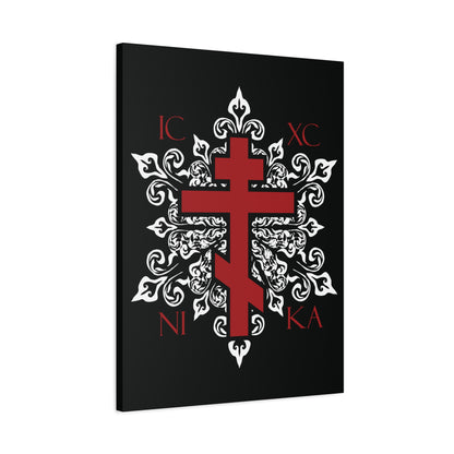 ICXC / NIKA Red Orthodox Cross on Ornate White Medieval Floral Design | Exclusive Best-Selling | Orthodox Christian Canvas Art