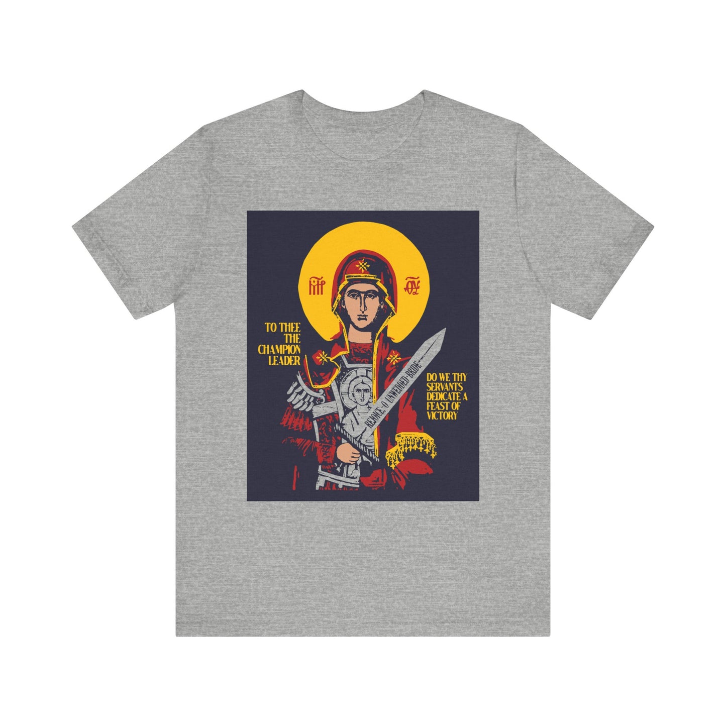 Athletic Heather tee featuring an illustrated Theotokos as Champion Leader with sword, golden halo, and yellow text referencing the Mother of God and Divine Incarnation. Lightweight unisex cotton, Orthodox Christian IconoGraphic design.