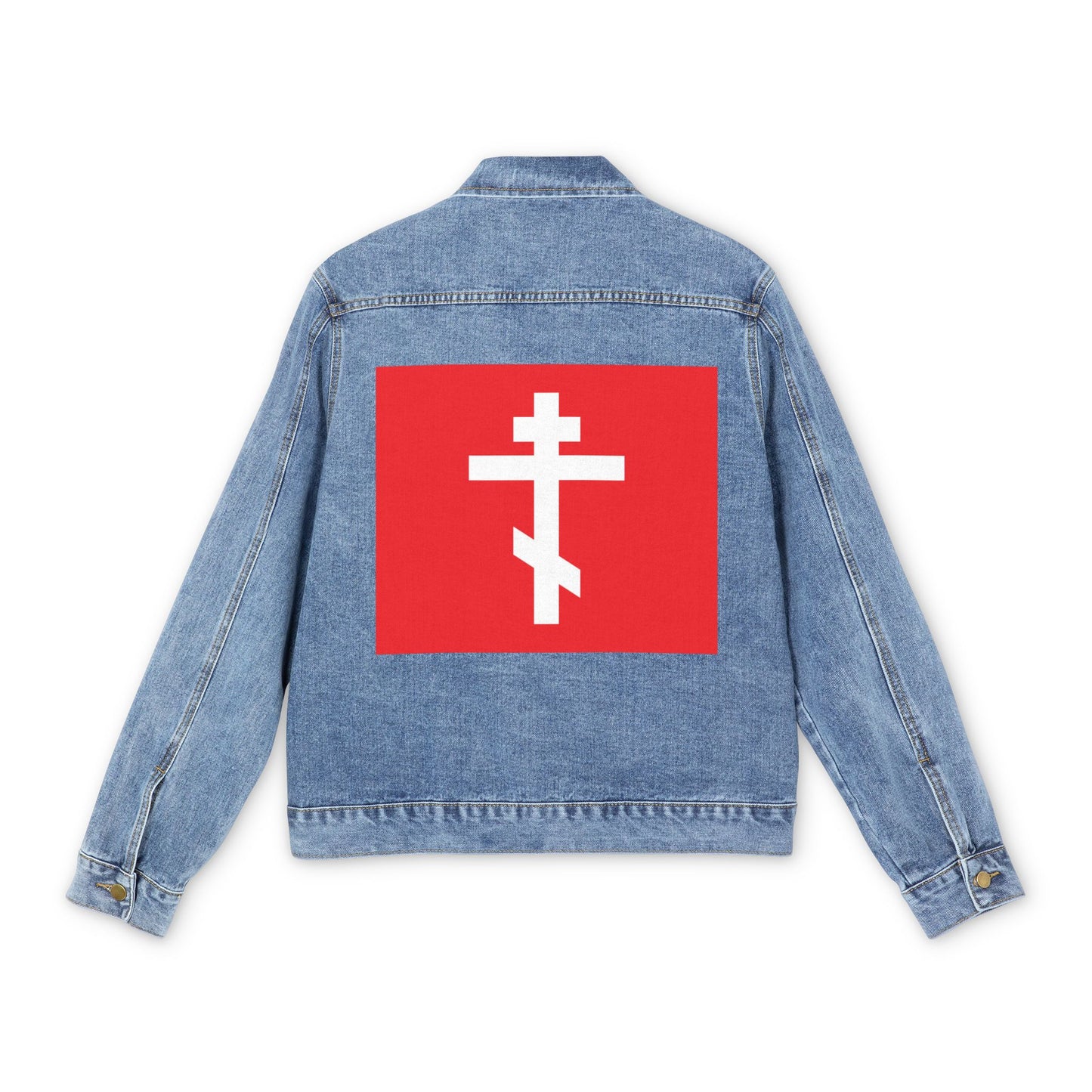 Medium denim wash jean jacket featuring a white Orthodox cross on a red background, inspired by Galatians 6:14: "May I never boast, except in the cross of our Lord Jesus Christ.