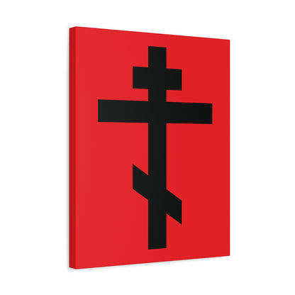 The Black Orthodox Cross Red Background Canvas Art features a striking black cross on red, inspired by Galatians 6:14: "May I never boast, except in the cross of our Lord Jesus Christ." Perfect for honoring Orthodox faith traditions.