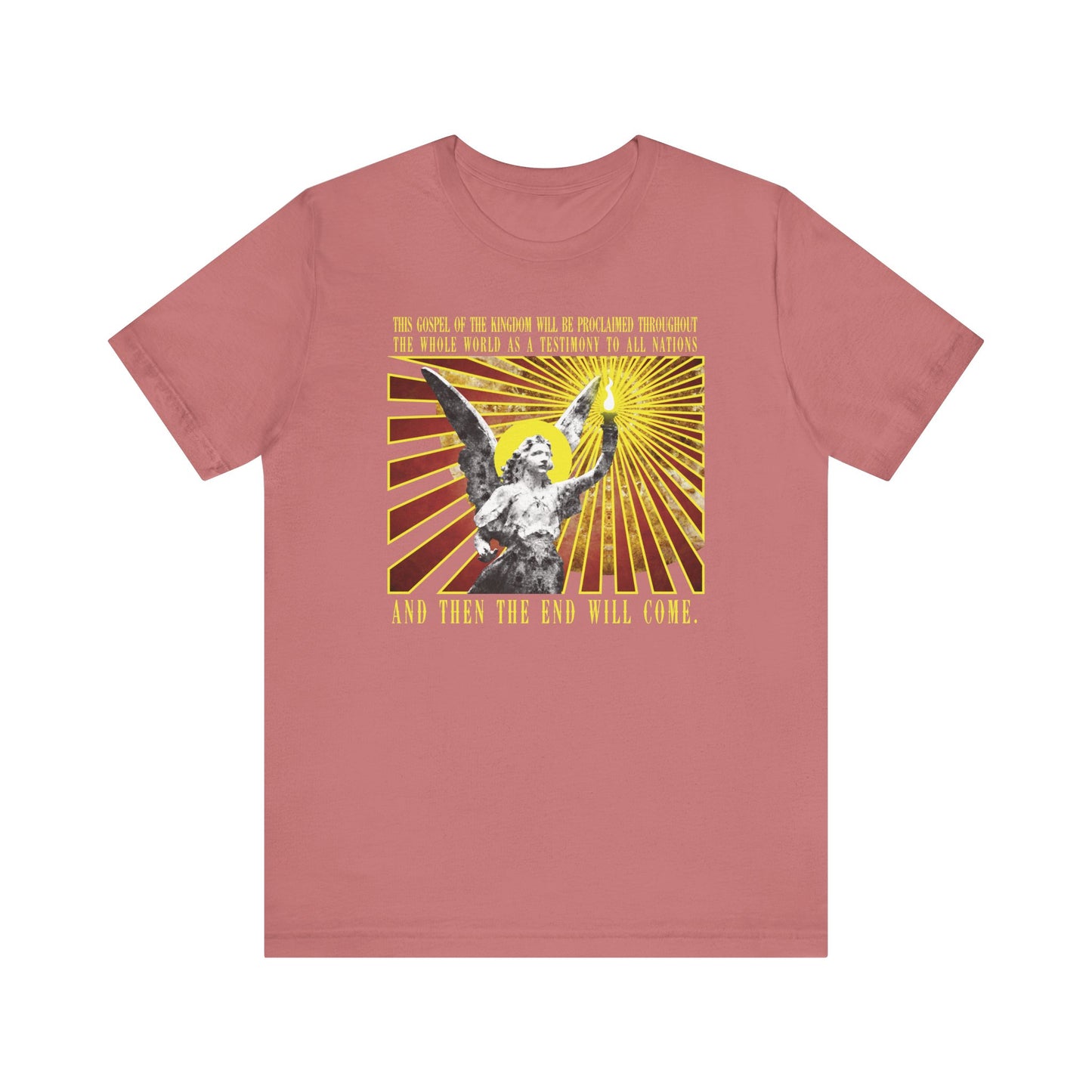 Mauve "And Then the End Will Come (Matthew 24:14)" t-shirt features a cemetery angel holding a lamp emitting rays, with Christian end times prophecy design. Lightweight cotton, unisex fit.