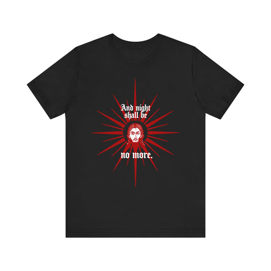 Black unisex tee featuring a red and white face of Jesus Christ graphic with “And Night Shall Be No More” (Rev 22:5) text; Orthodox lightweight cotton design.