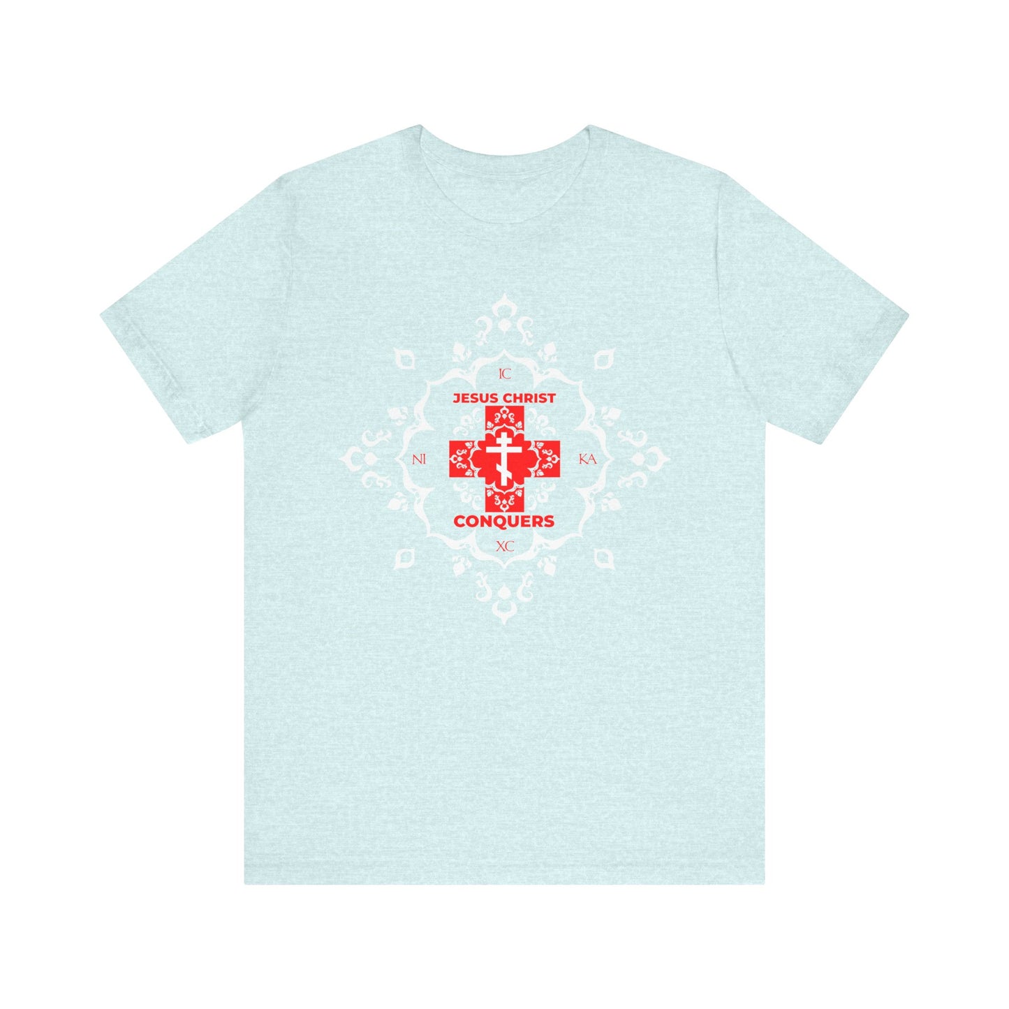 Heather Prism Ice Blue unisex cotton tee featuring a white Orthodox cross with "ICXC NIKA | Jesus Christ Conquers" in bold red modern font and a medieval filigree design behind—symbolizing Christ’s victory over sin as taught by St. John Chrysostom.