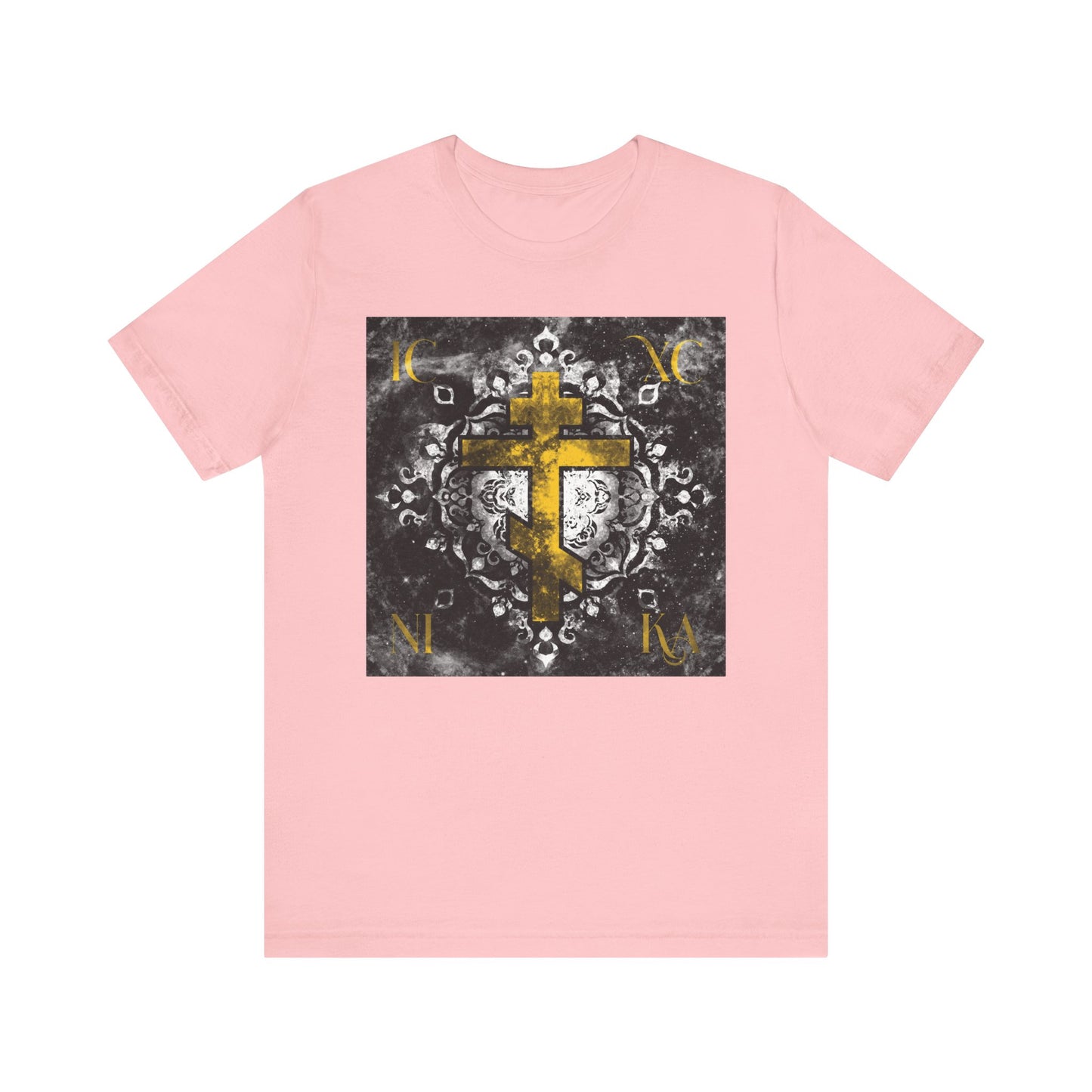 Gold ICXC NIKA Orthodox Cross on Grayscale Ornate Floral Texture Background, inspired by the reverence of Wednesday Matins and reflecting on the depth of Christ God’s love shown through Jesus’ passion – Orthodox Christian Lightweight Cotton Unisex Tee.