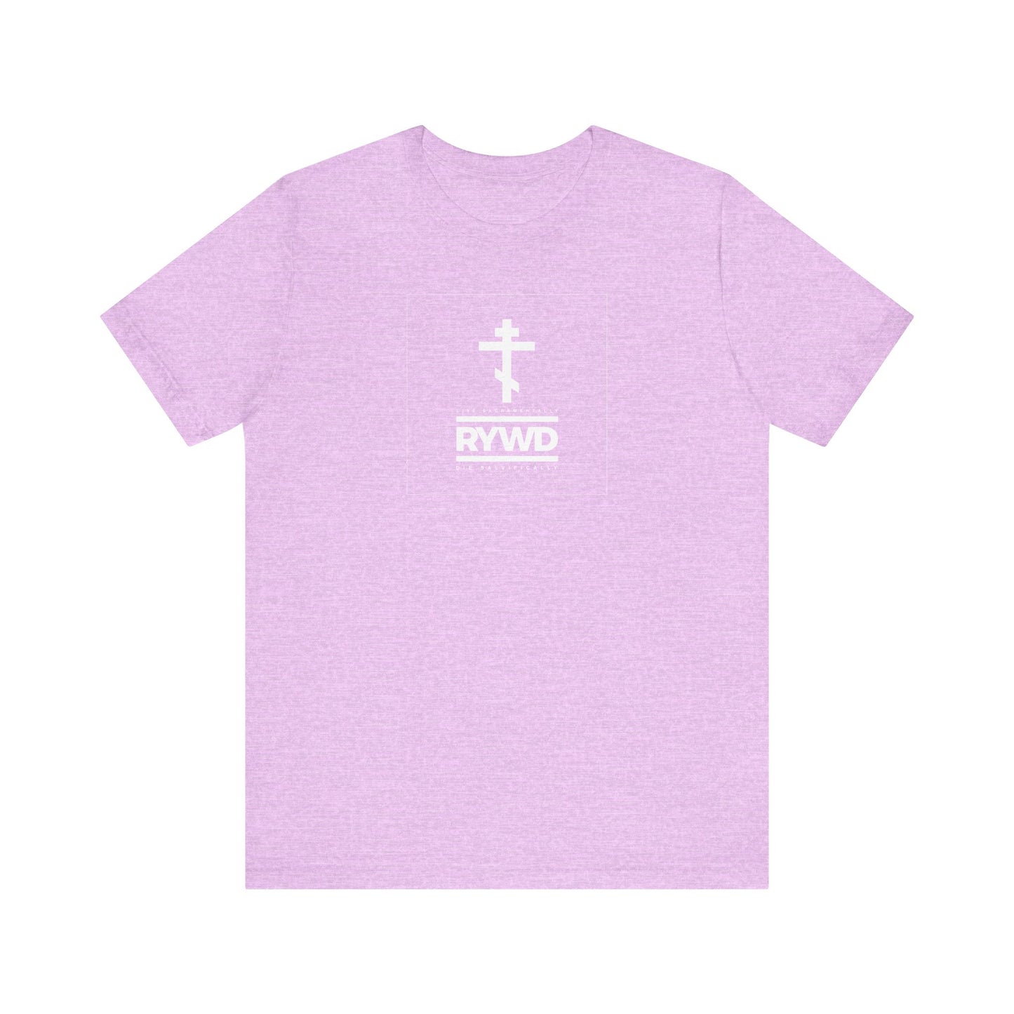 Heather Prism Lilac t-shirt featuring a minimalist white cross and RYWD text centered on the chest, designed as a gentle reminder to "Remember You Will Die" and live sacramentally, inspired by Orthodox Christian tradition.