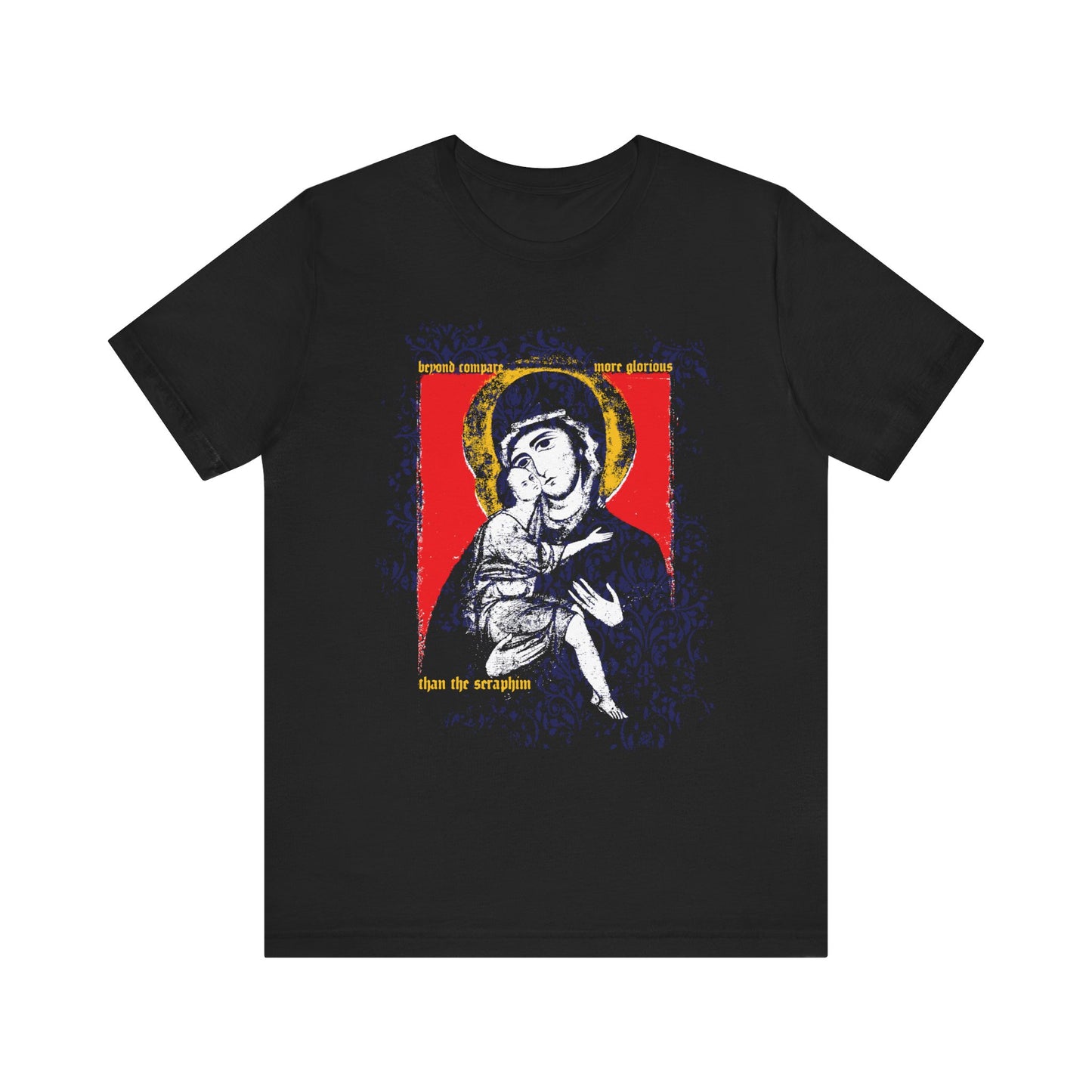 Black "Beyond Compare More Glorious Than the Seraphim" T-shirt features Vladimir Theotokos icon-style art with floral texture and gold text, inspired by Orthodox tradition. Lightweight cotton.