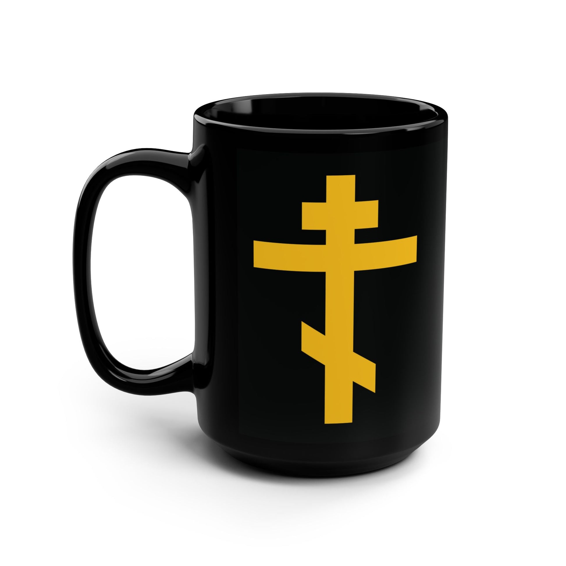 Black mug featuring a yellow Orthodox cross design, inspired by "Precious and Life-Giving Weapon of Unseen Warfare | Scourge of Demons," shown on a white background.
