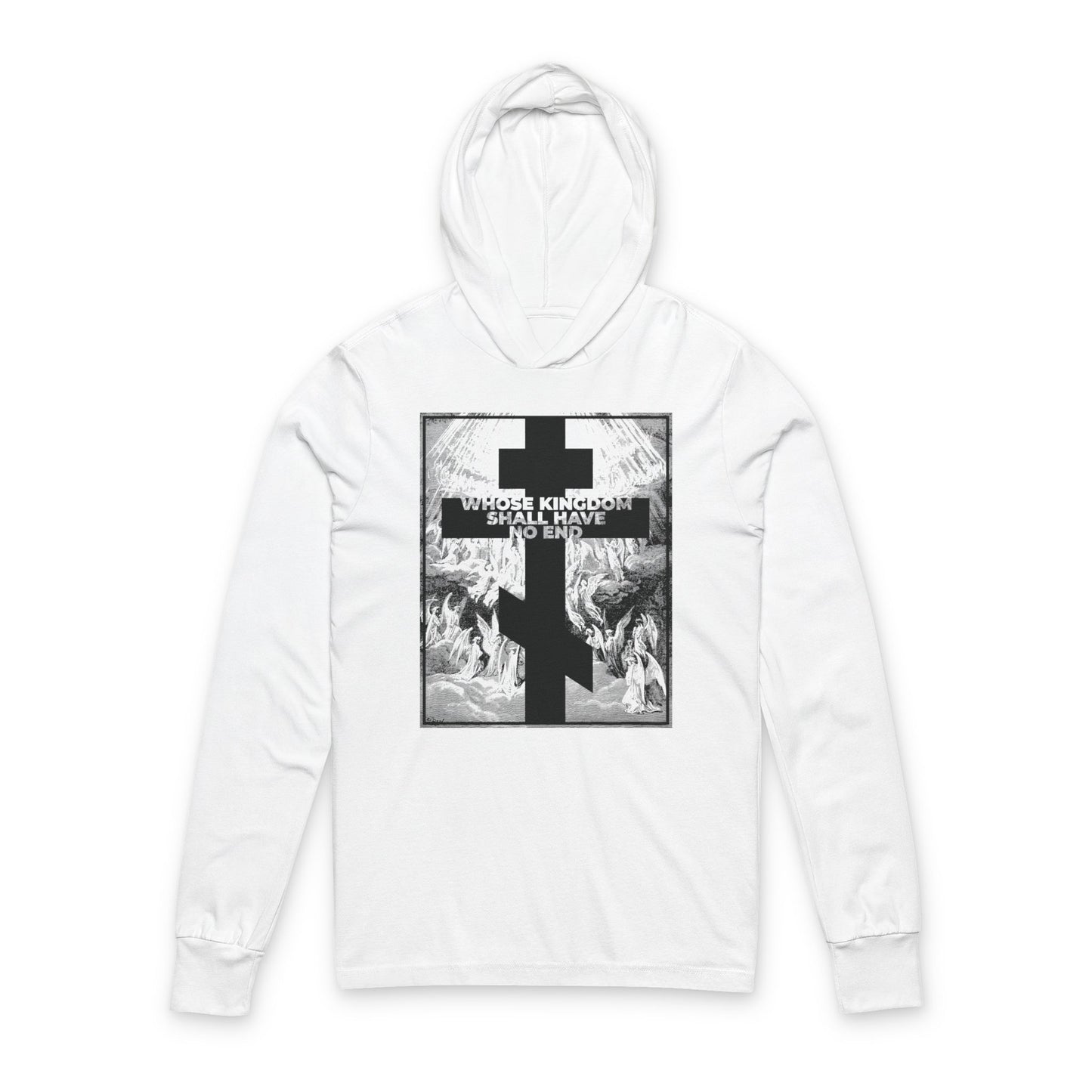 White Orthodox hoodie featuring Gustave Doré's etching, bold black cross, and "Whose Kingdom Shall Have No End" text—a striking Nicene Creed statement.