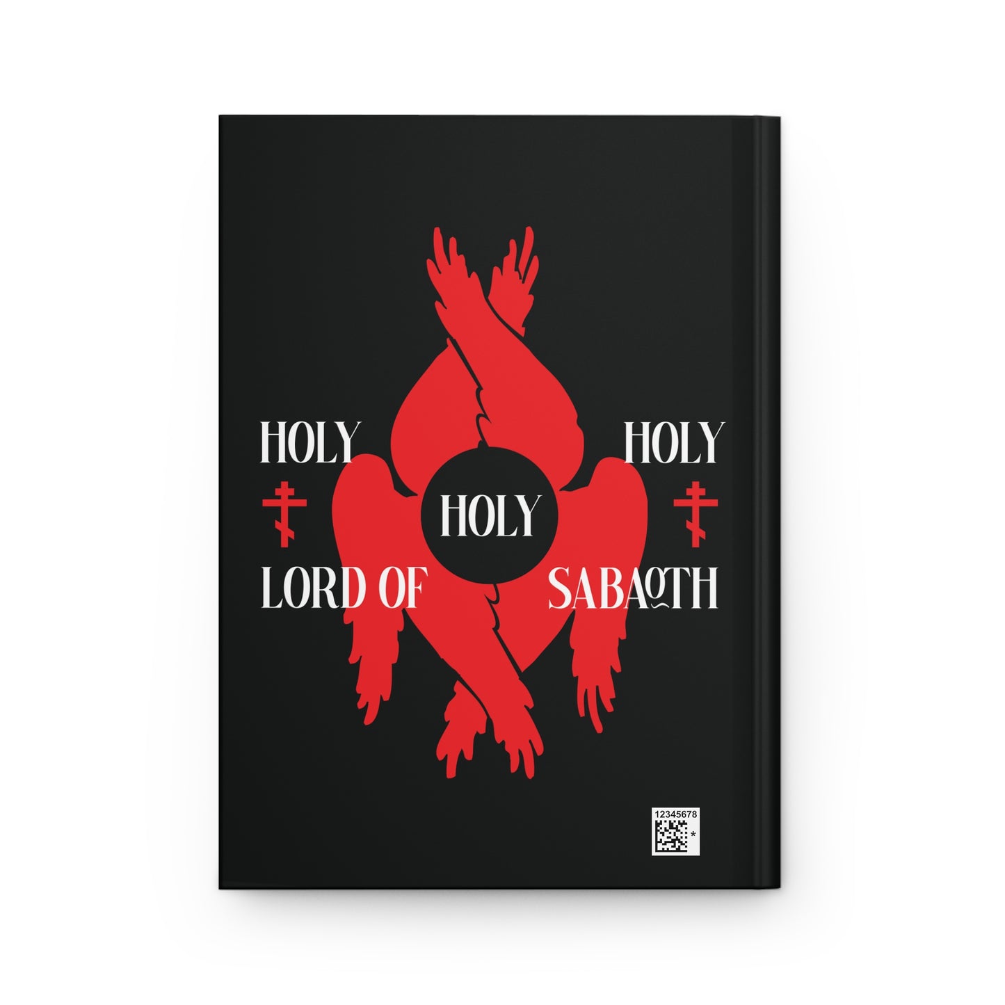 Black hardcover journal featuring red seraphim wings, Orthodox crosses, and white "Holy Holy Holy Lord of Sabaoth" text. Inspired by Isaiah 6:3 and the Divine Council.