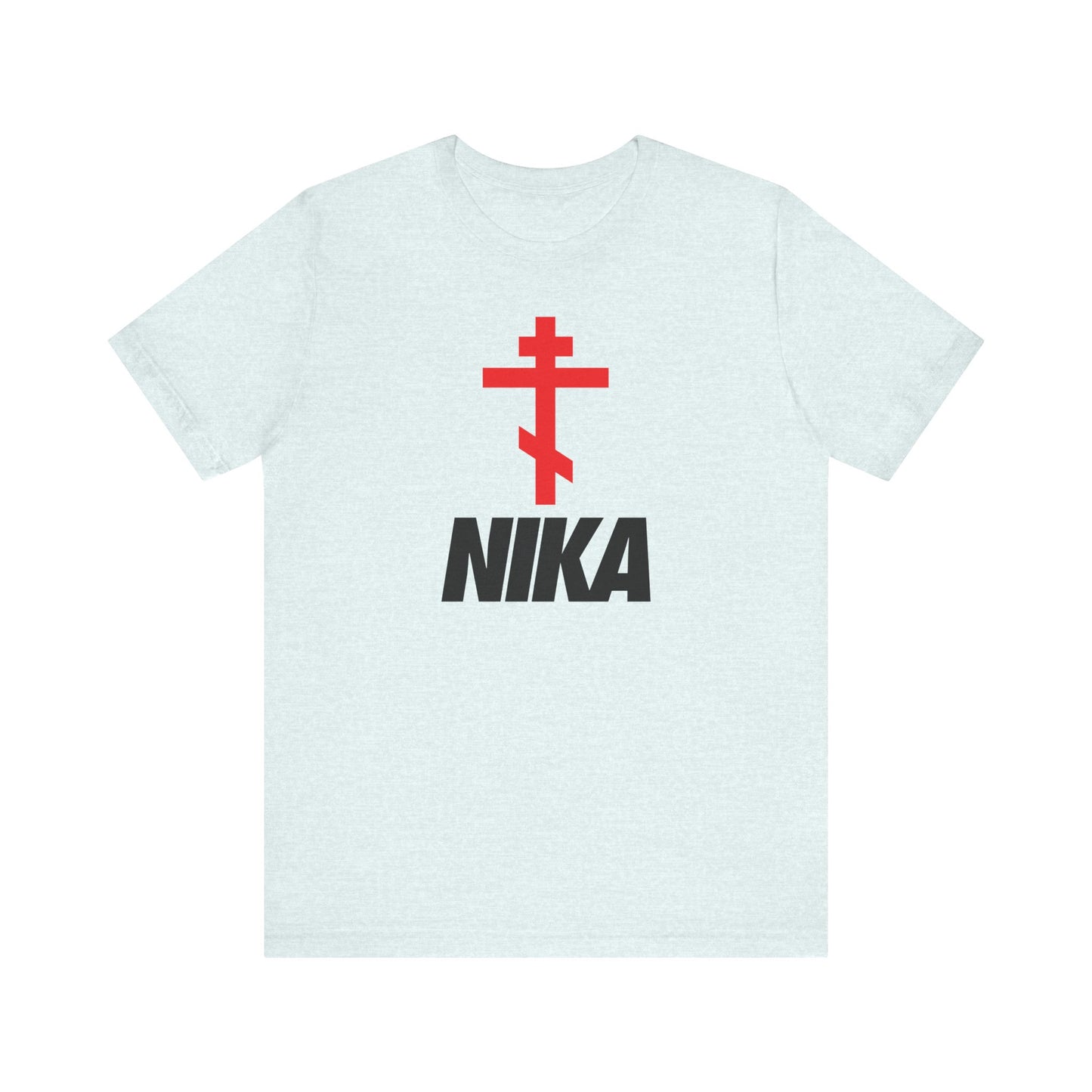 Heather Ice Blue unisex tee featuring a red Orthodox cross Christogram above bold black NIKA text—a nod to "Jesus Christ Conquers"—blends athletic ascetic style with minimalist design for Christian fashion.