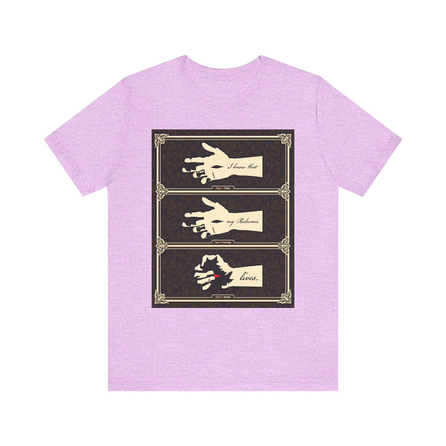 Heather Prism Lilac tee featuring the Hand of Crucified Christ in earthtone Americana style with "I Know That My Redeemer Lives" (Job 19:25); lightweight unisex cotton.