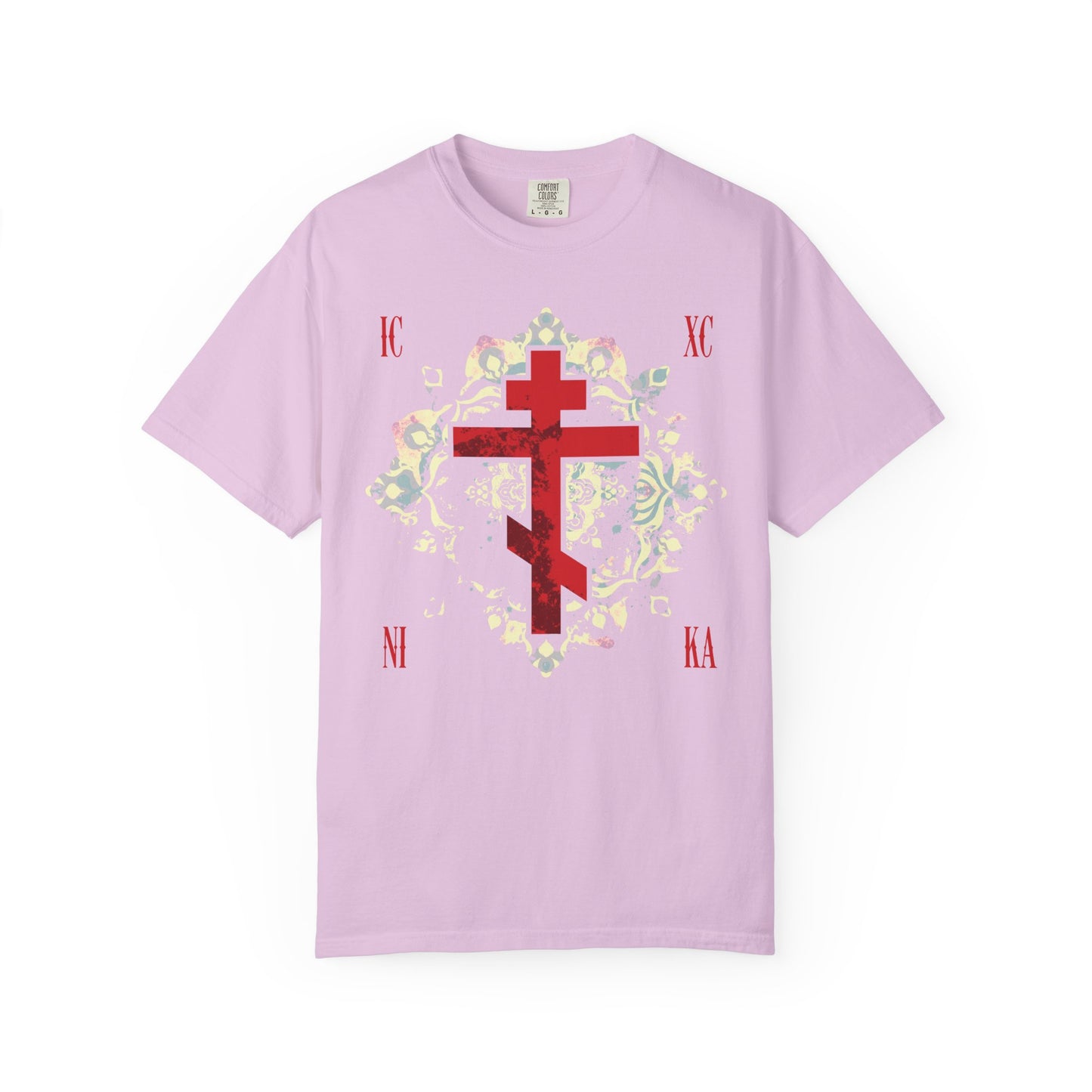 Orchid ICXC NIKA tee—heavyweight cotton unisex shirt featuring a textured red Orthodox cross with Greek letters and a medieval floral background, celebrating Jesus Christ’s triumph.