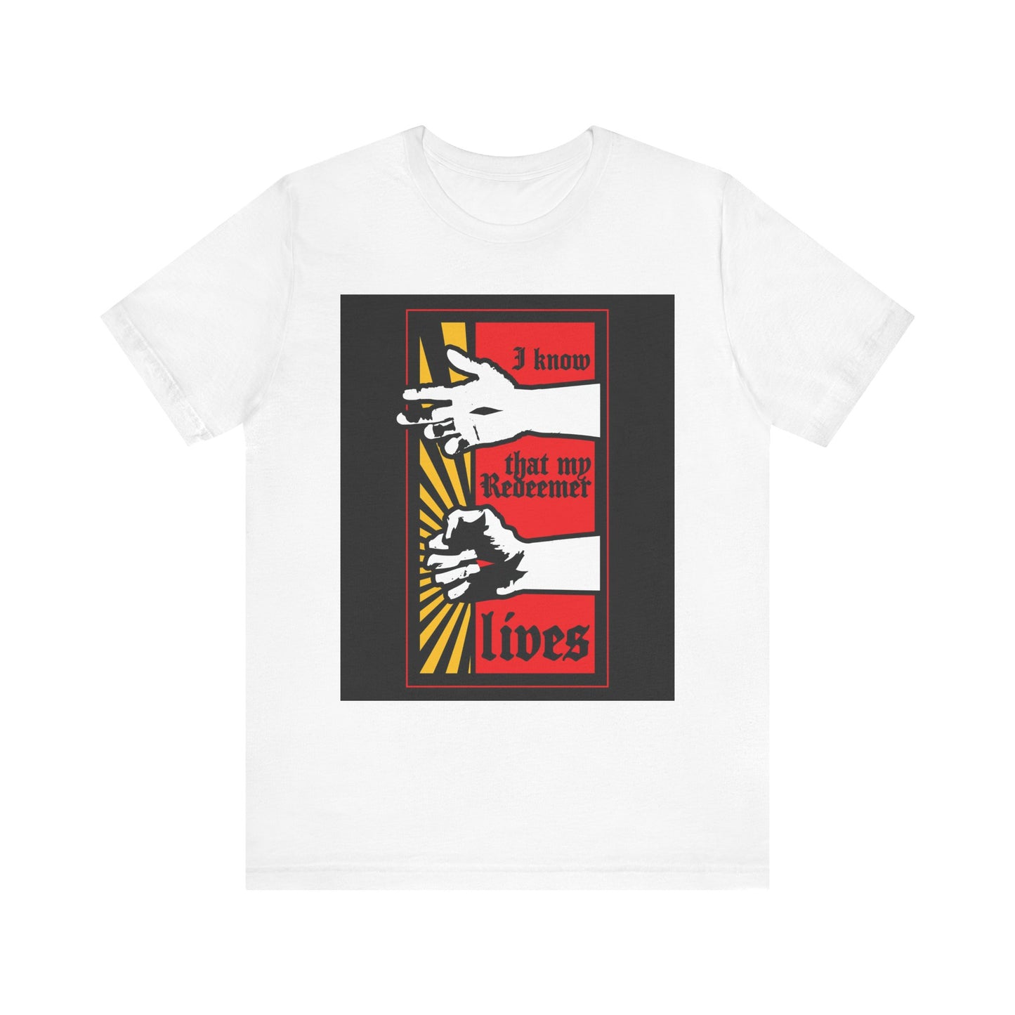 White "I Know That My Redeemer Lives" (Job 19:25) unisex T-shirt, lightweight cotton, features a Christ Resurrected comic book style design in graphic art. Color: white.