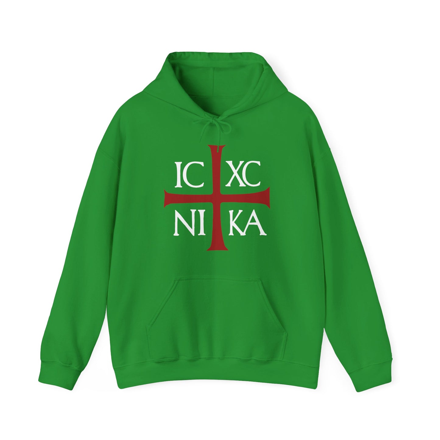 An Irish Green hoodie featuring a red cross and white "ICXC NIKA" text—an ancient Byzantine Christogram meaning "Jesus Christ Conquers," inspired by Orthodox Christian faith. Cotton/poly blend.