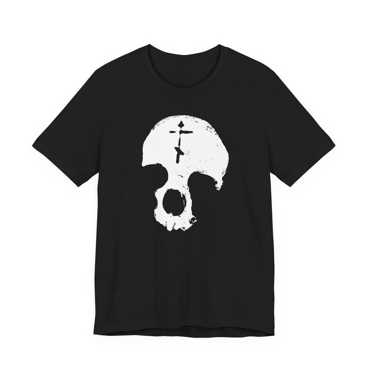 Black cotton unisex tee featuring a minimalist white skull with an Orthodox cross, inspired by Memento Mori and "All is Vanity" themes—gothic Christian design reminding you to remember you will die.