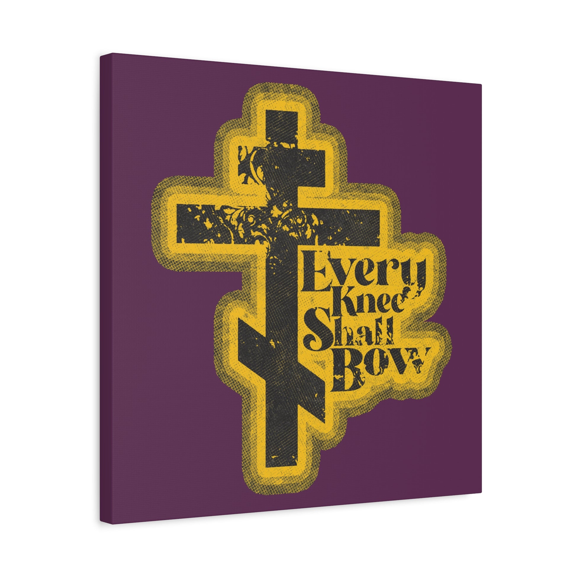 A 70s distressed halftone Orthodox cross with "Every Knee Shall Bow," Philippians 2:10-11, and Isaiah 45:23 text in a comic book style on a purple background—Christian wall art.