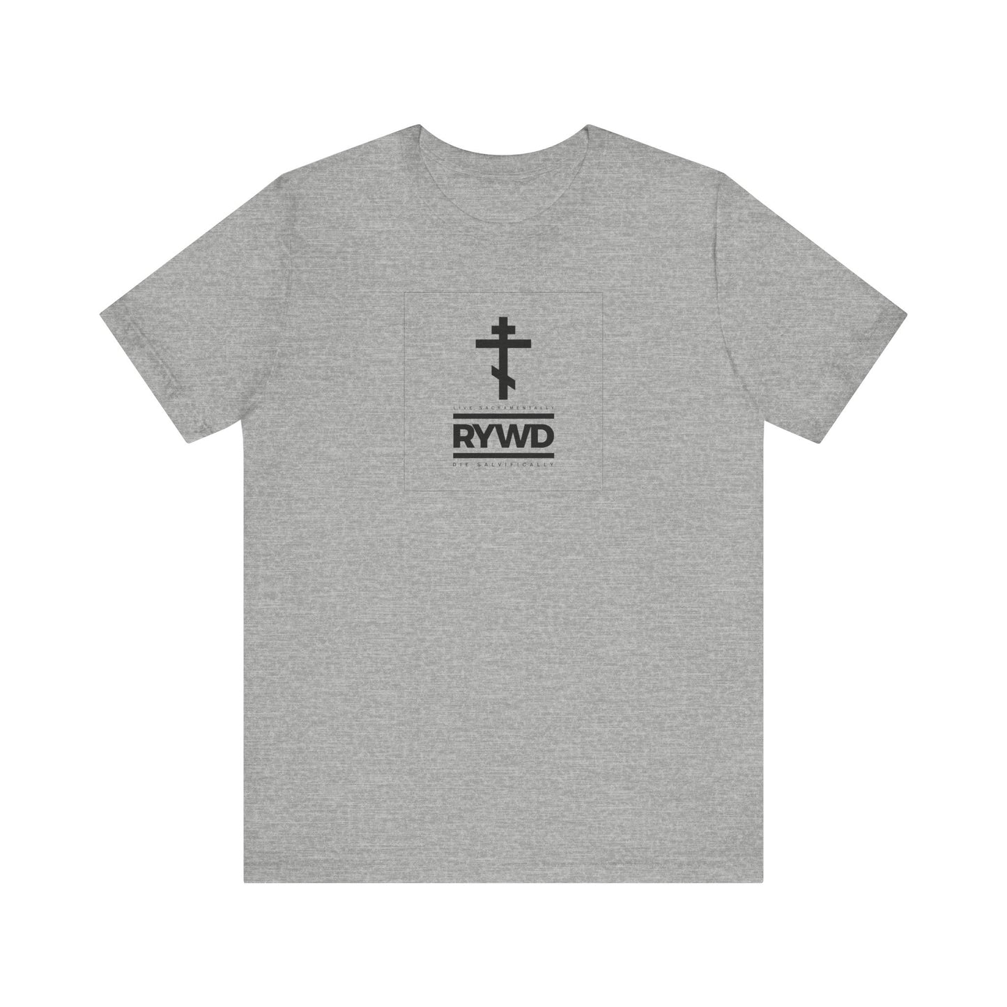 Athletic Heather unisex tee featuring the minimalist RYWD (Remember You Will Die) logo with a black double-barred cross on the chest, serving as a subtle Orthodox Christian reminder to live sacramentally and die salvifically.