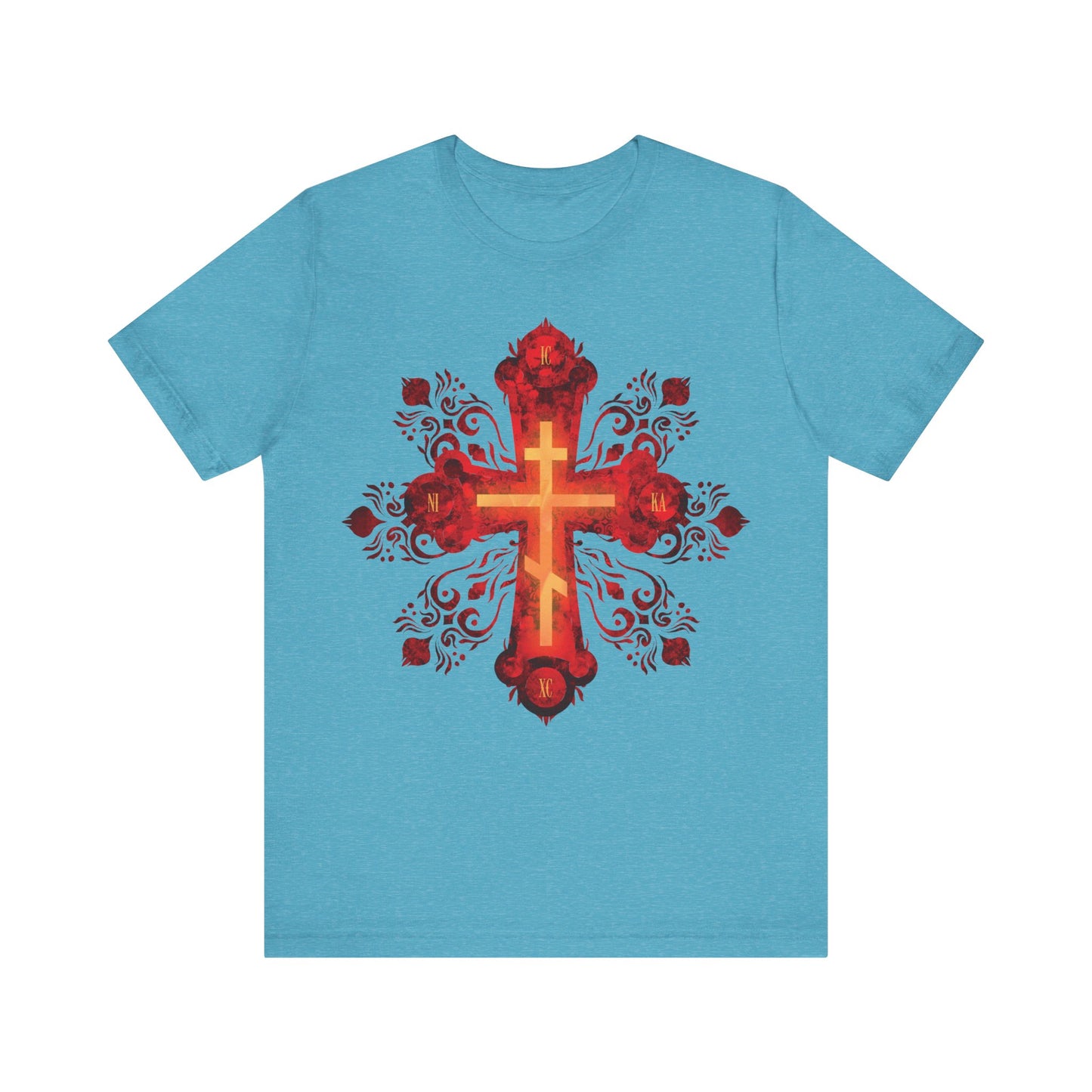 Heather Aqua unisex tee featuring a red and gold ornate Russian-style Orthodox cross with "He was pierced for our transgressions"—a Christian cotton shirt inspired by faith and life-giving symbolism.