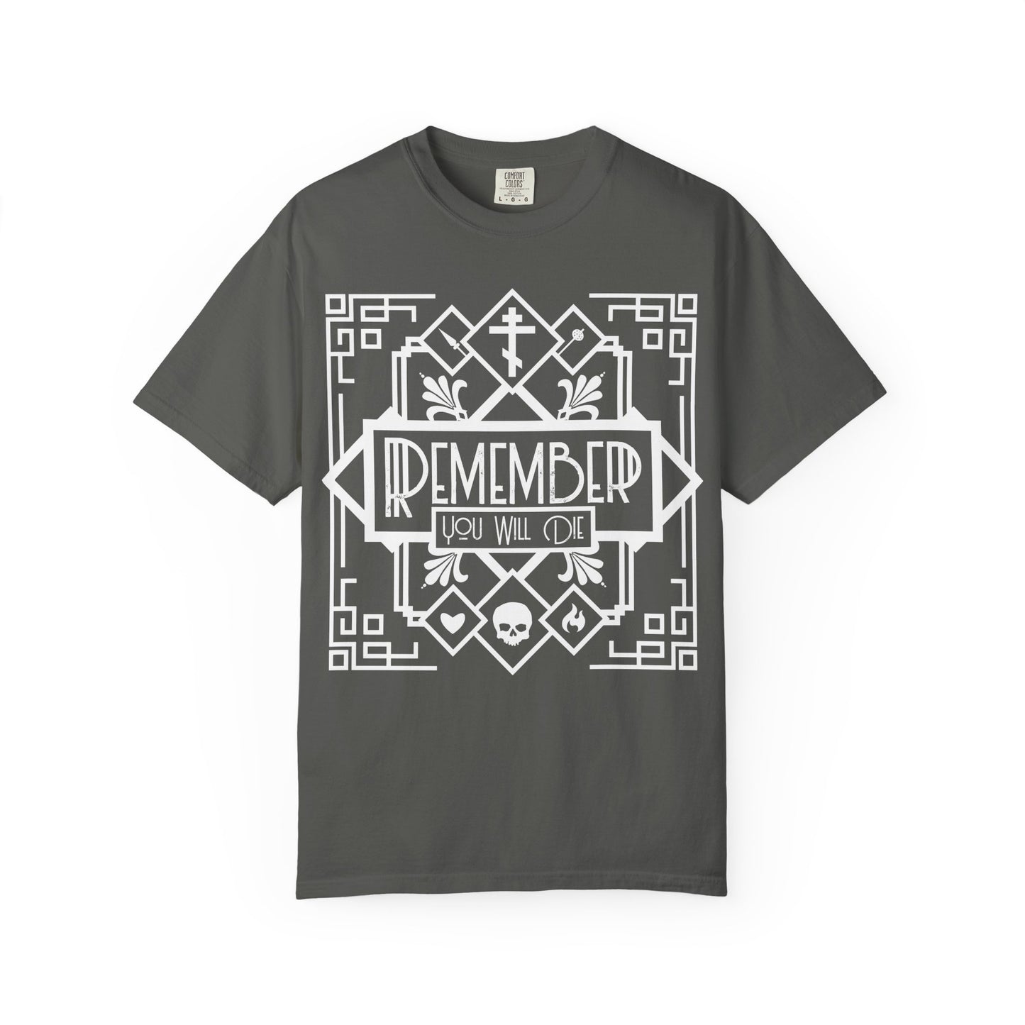 Remember You Will Die Art Deco Design | Black and White Line Art | Skull Heart Fire | Memento Mori | Heavyweight Cotton Unisex T-Shirt