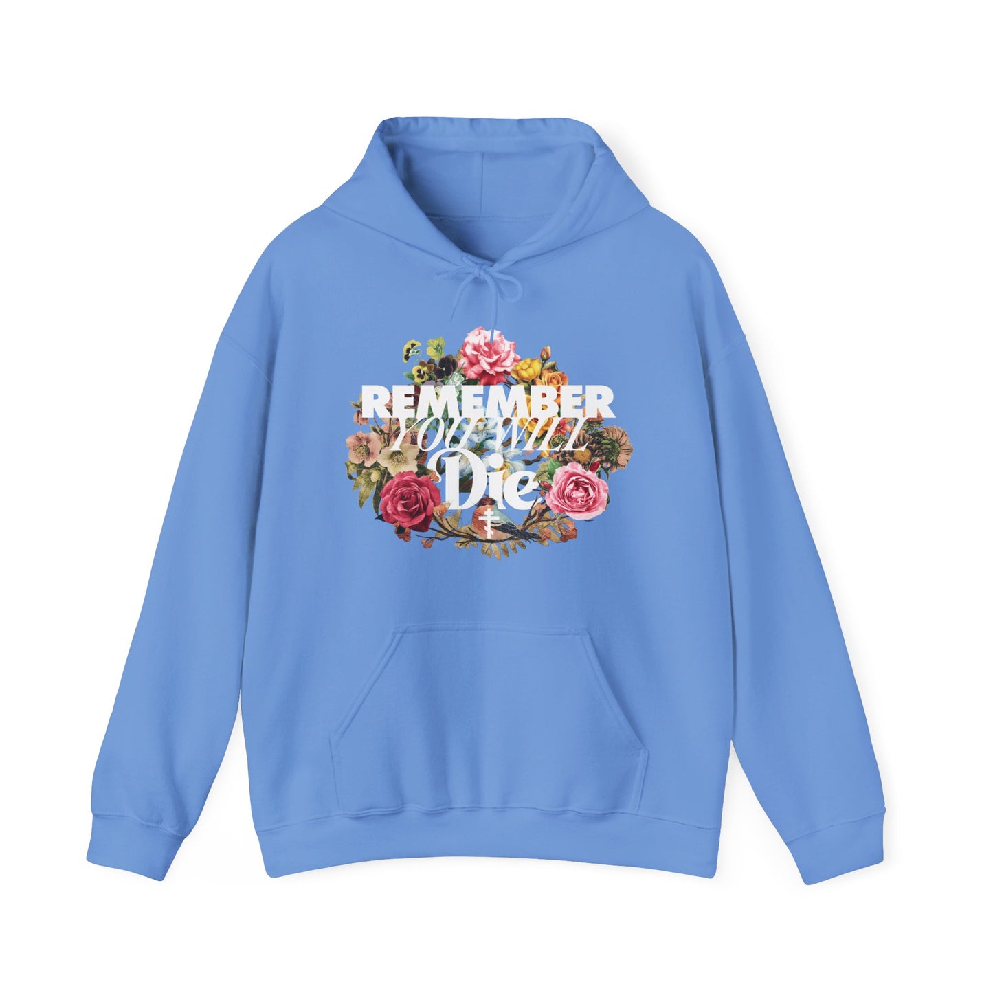 Remember You Will Die | Cross | Classic Typography & Floral Wreath Design (FRONT PRINT) | Memento Mori | Orthodox Christian Hoodie