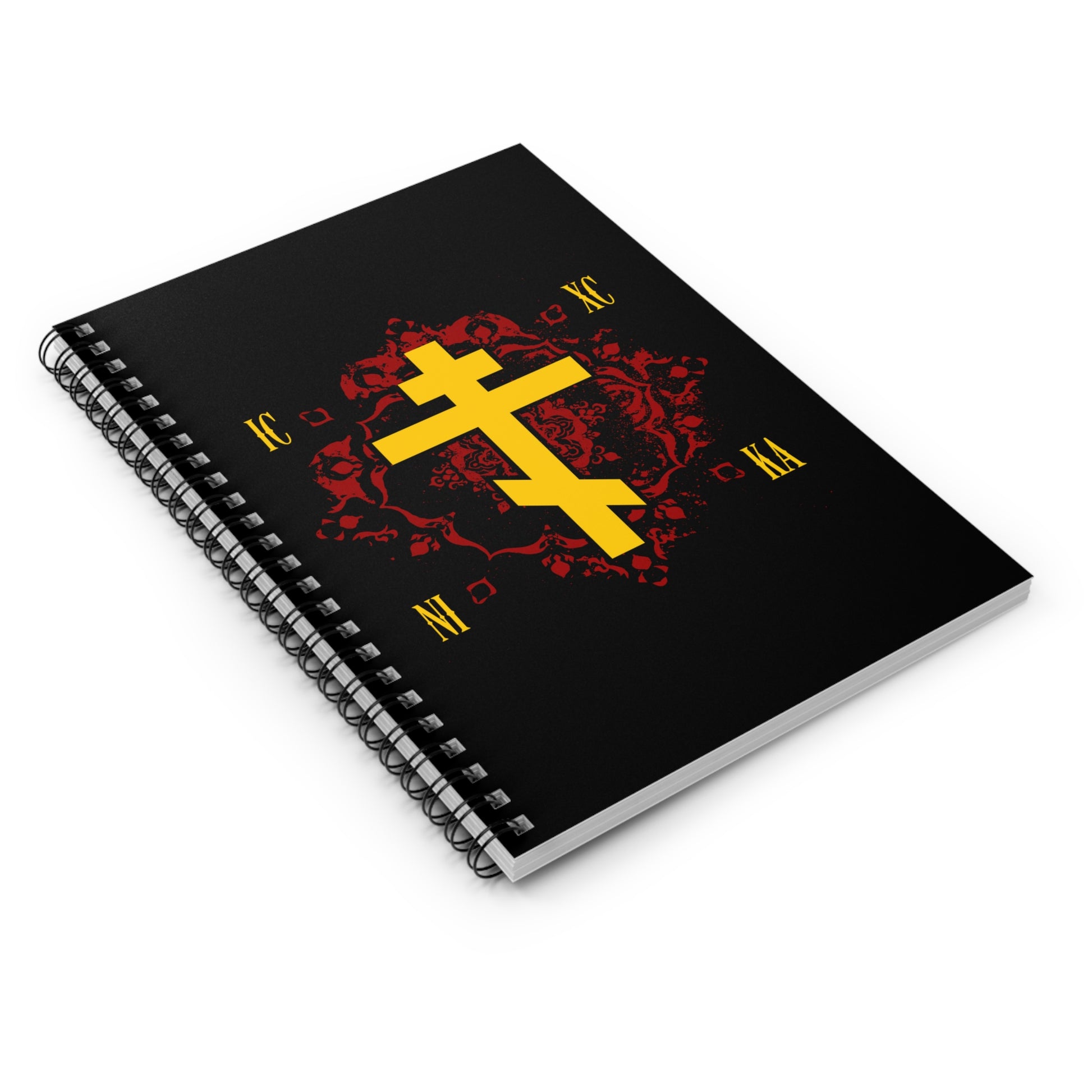 ICXC NIKA Yellow Russian Cross on Ornate Red Background Design | Jesus Christ Conquers—Christian Spiral Notebook with a yellow Orthodox cross, ornate red accents, and black cover, inspired by St Kosmas Aitolos.