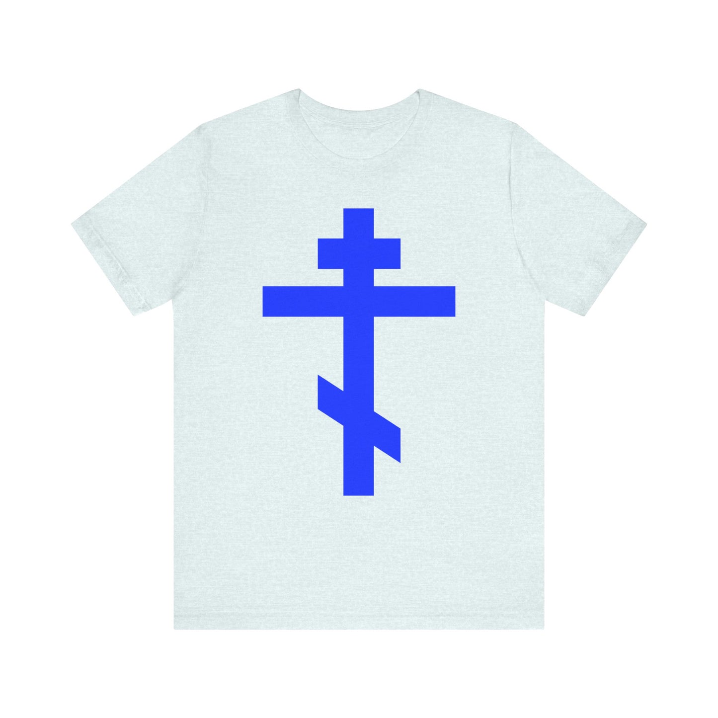 Heather ice blue t-shirt featuring a large royal blue Orthodox tribar cross design on the front, symbolizing salvation and the enduring love of the Lord.