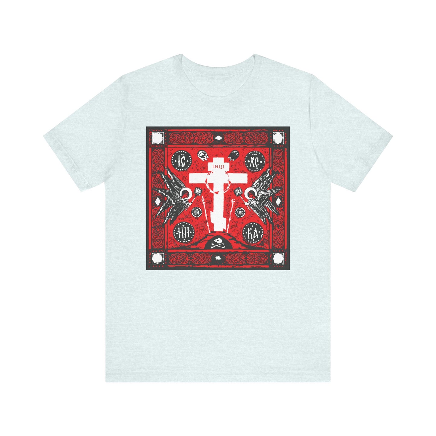Heather Ice Blue unisex t-shirt featuring a striking red, white, and black Russian cross design with angels, inspired by the Adoration of Holy Cross iconography; lightweight cotton for comfort.