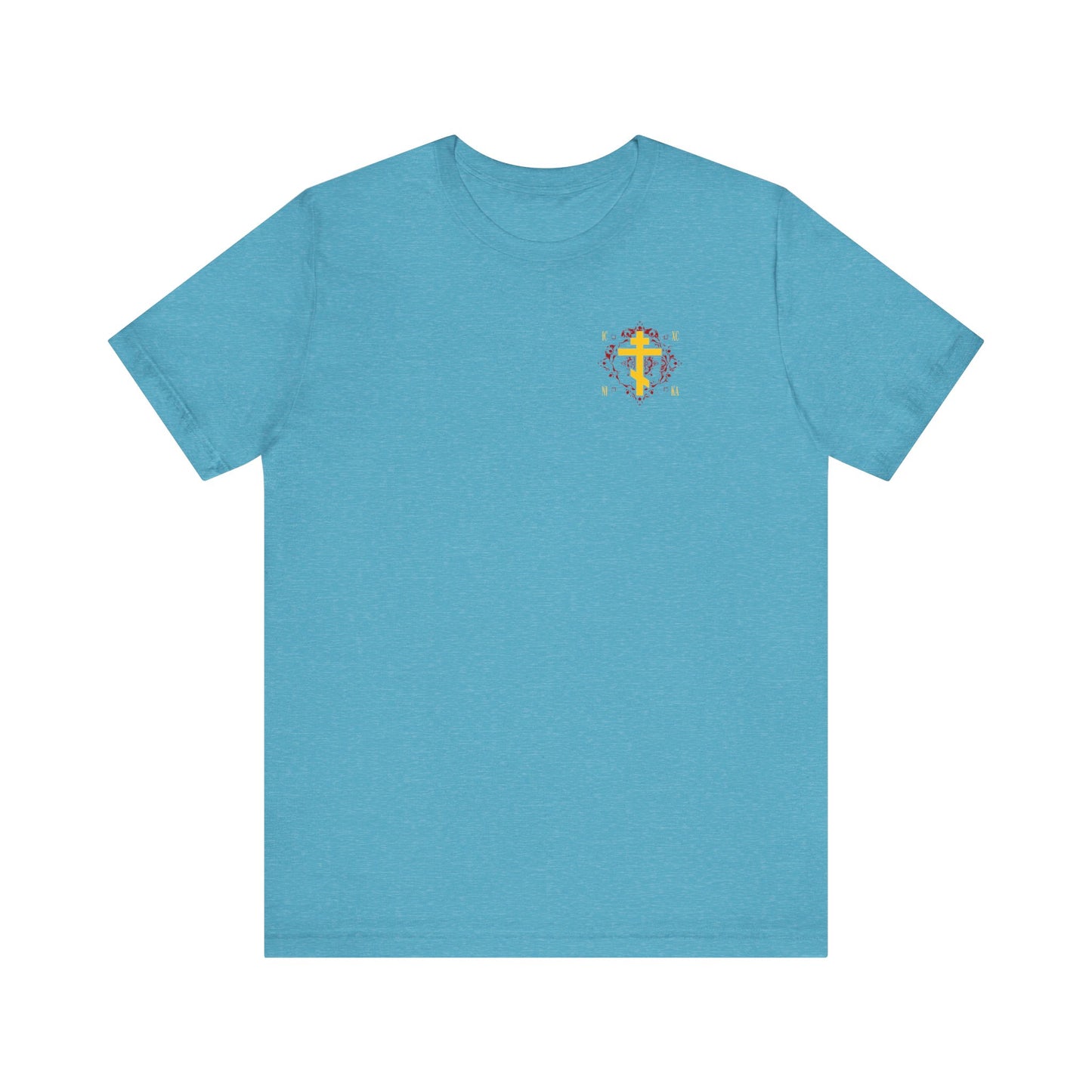 Heather Aqua lightweight cotton tee featuring a small yellow Orthodox Cross with "ICXC NIKA" on an ornate red background, inspired by Christ Conquers. Unisex fit.