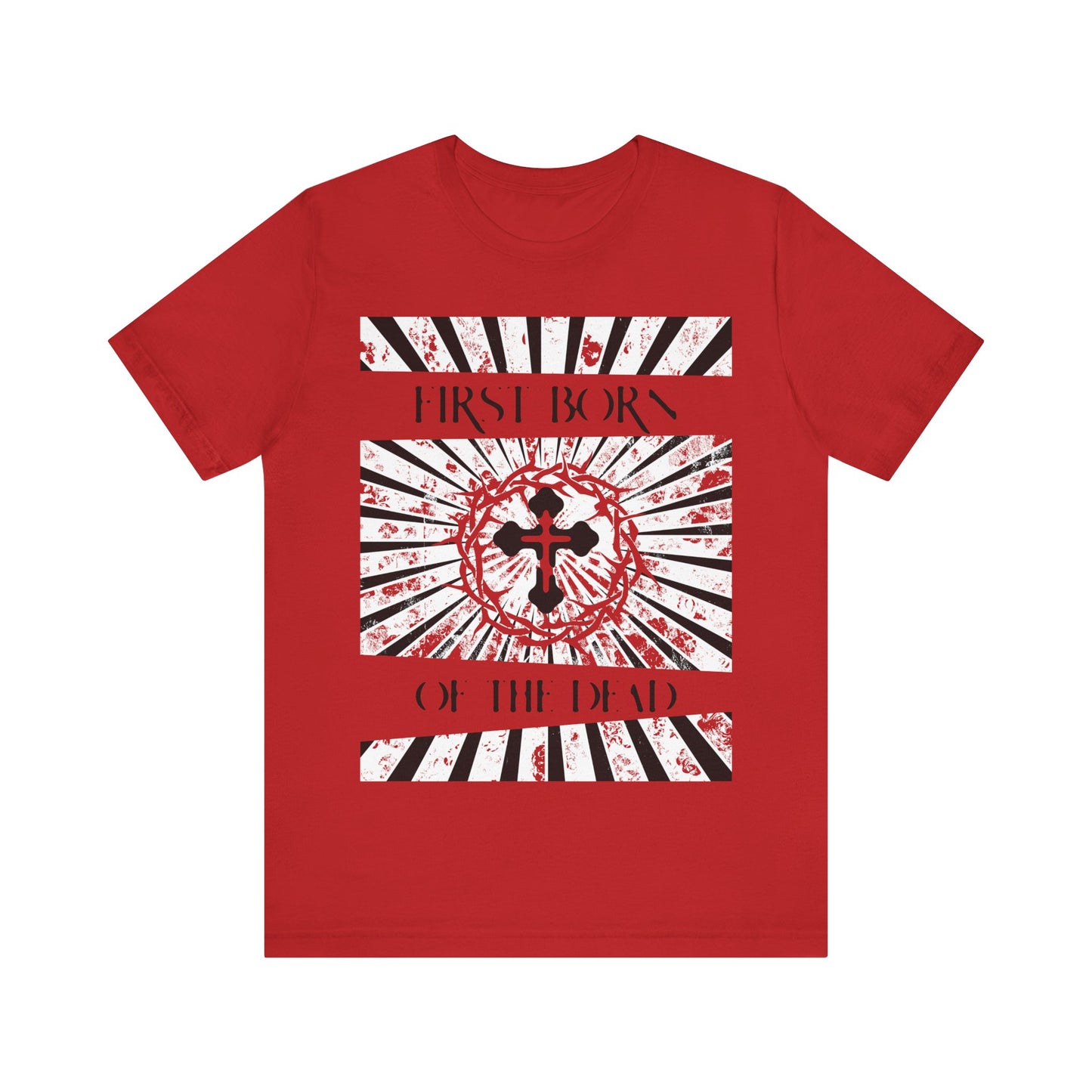 First Born of the Dead | Orthodox Cross and Crown of Thorns | Red White and Black Textured Design with Rays | Orthodox Christian Cotton T-Shirt