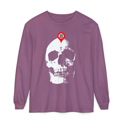 Berry Orthodox long sleeve shirt featuring a large white skull with a red map marker and the phrase "You Will Be Here"—a striking Memento Mori design reminding us, "What You Are I Once Was; Remember You Will Die.