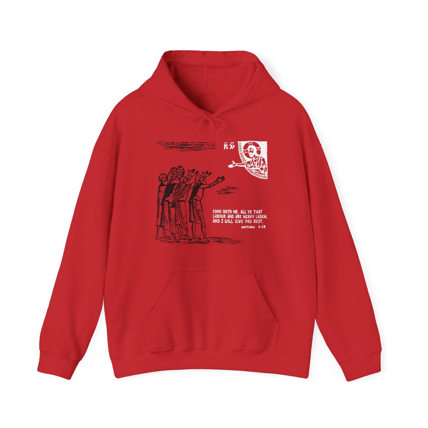 Red "Come Unto Me All Ye That Labour & Are Heavy Laden (Matt. 11:28)" Orthodox hoodie with black and white icono-graphic drawing on the front, inspired by St Cyril of Alexandria, symbolizing the Holy Spirit and divine nature.