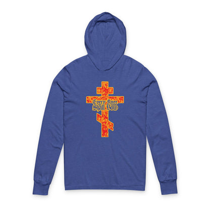Every Knee Shall Bow hooded shirt featuring a gold and red ornate Orthodox cross with Gothic lettering, inspired by Isaiah 45:22-24 and Phil 2:7-11. Christian-themed design on a blue hoodie.