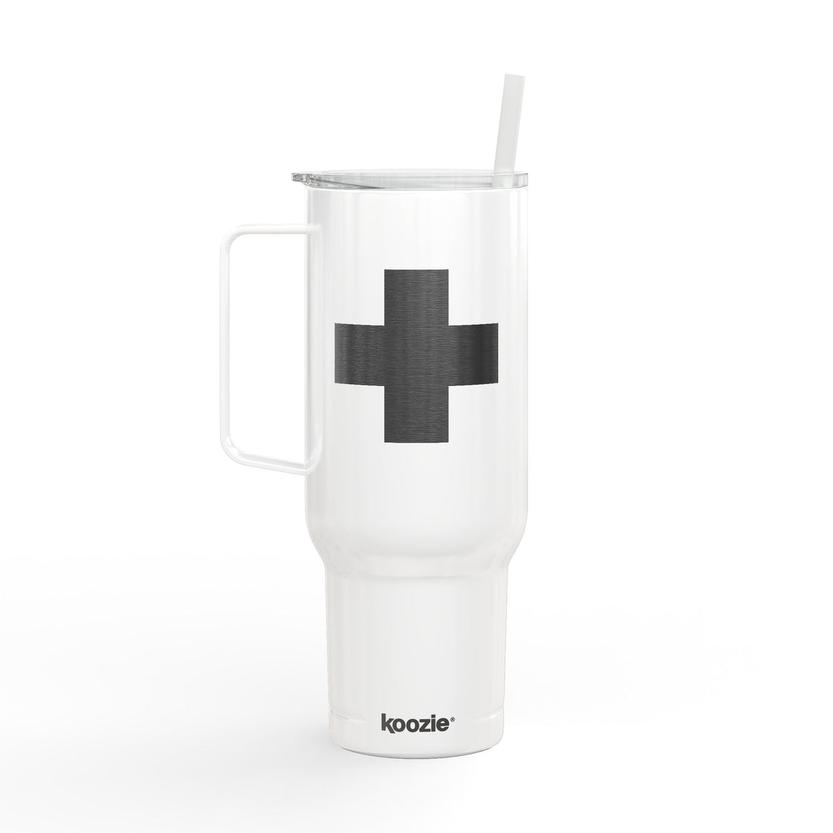 Minimalist Cross Engraved 40oz Koozie Tumbler in white, featuring a handle, straw, and a sleek black plus sign design inspired by the Exaltation of the Cross—with a koozie logo at the base—an elegant insulated stainless steel accessory honoring Orthodox Christian traditions.