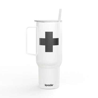 Minimalist Cross Engraved 40oz Koozie Tumbler in white, featuring a handle, straw, and a sleek black plus sign design inspired by the Exaltation of the Cross—with a koozie logo at the base—an elegant insulated stainless steel accessory honoring Orthodox Christian traditions.