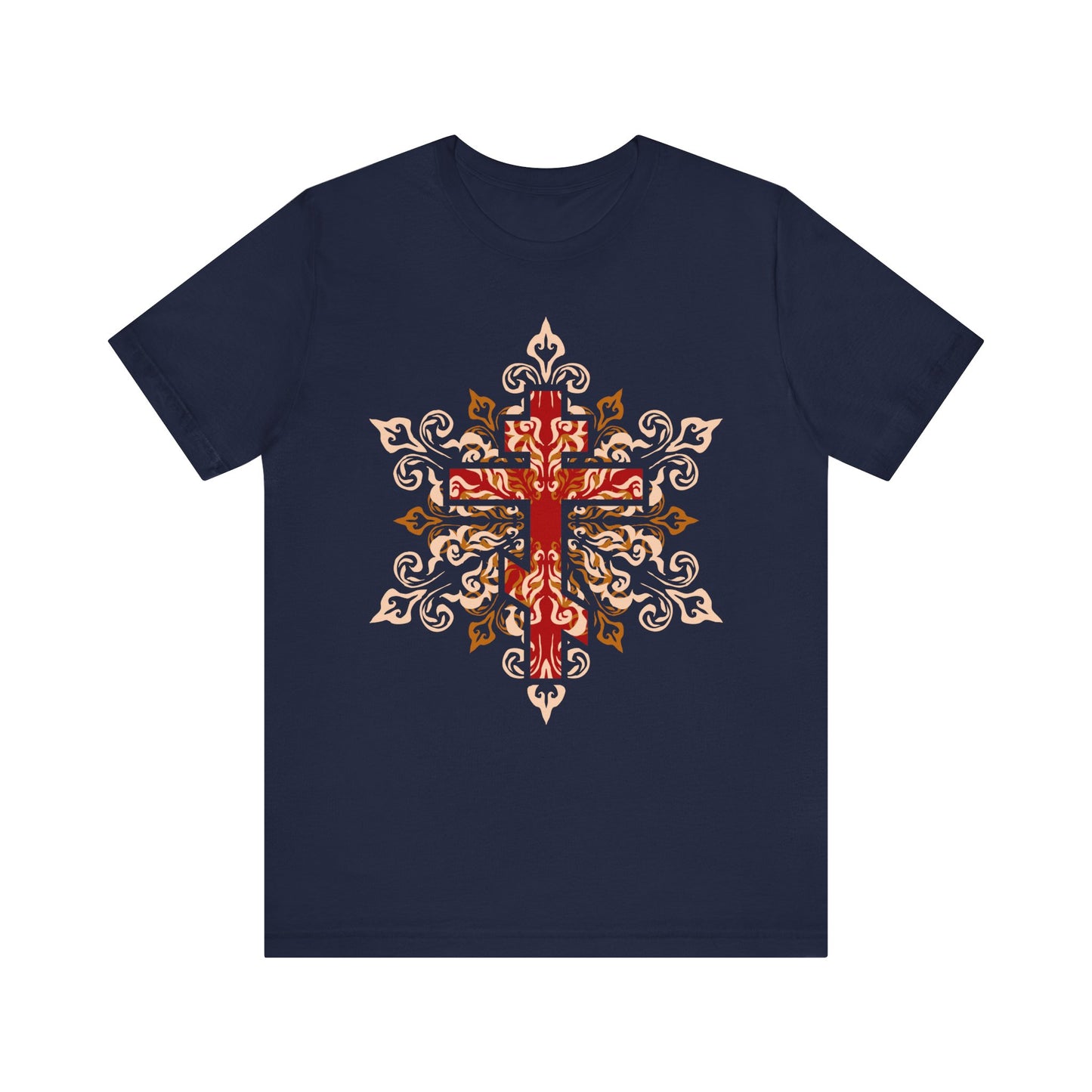 Navy lightweight cotton unisex tee featuring an ornate red, beige, and orange Orthodox cross with leaf-like decorative patterns in the center, reminiscent of St. Clement of Alexandria’s style; design reads "Glory to Thy Precious and Life-Giving Cross, O Lord.