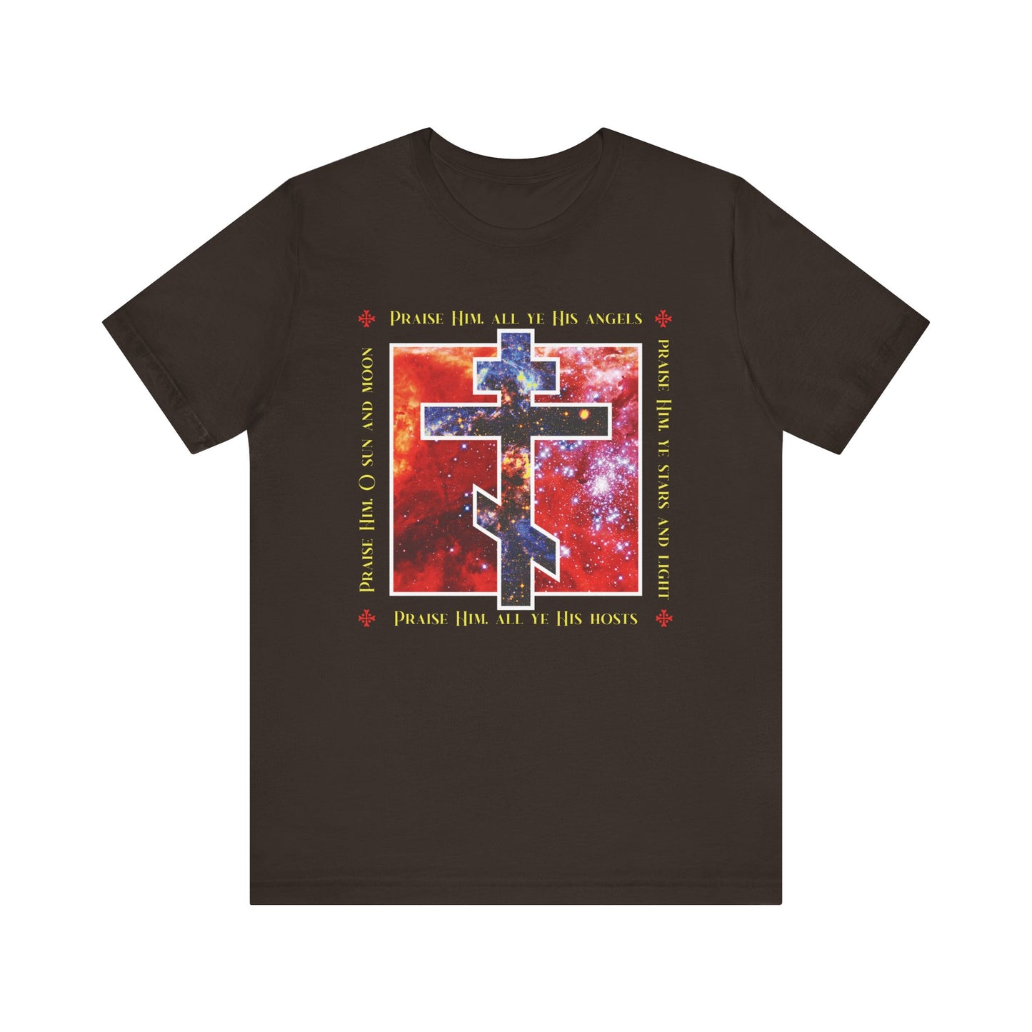 Praise Him All Ye His Angels, Praise Him Ye Stars and Light | Cosmic Orthodox Cross | Divine Council | Lightweight Cotton Unisex Tee