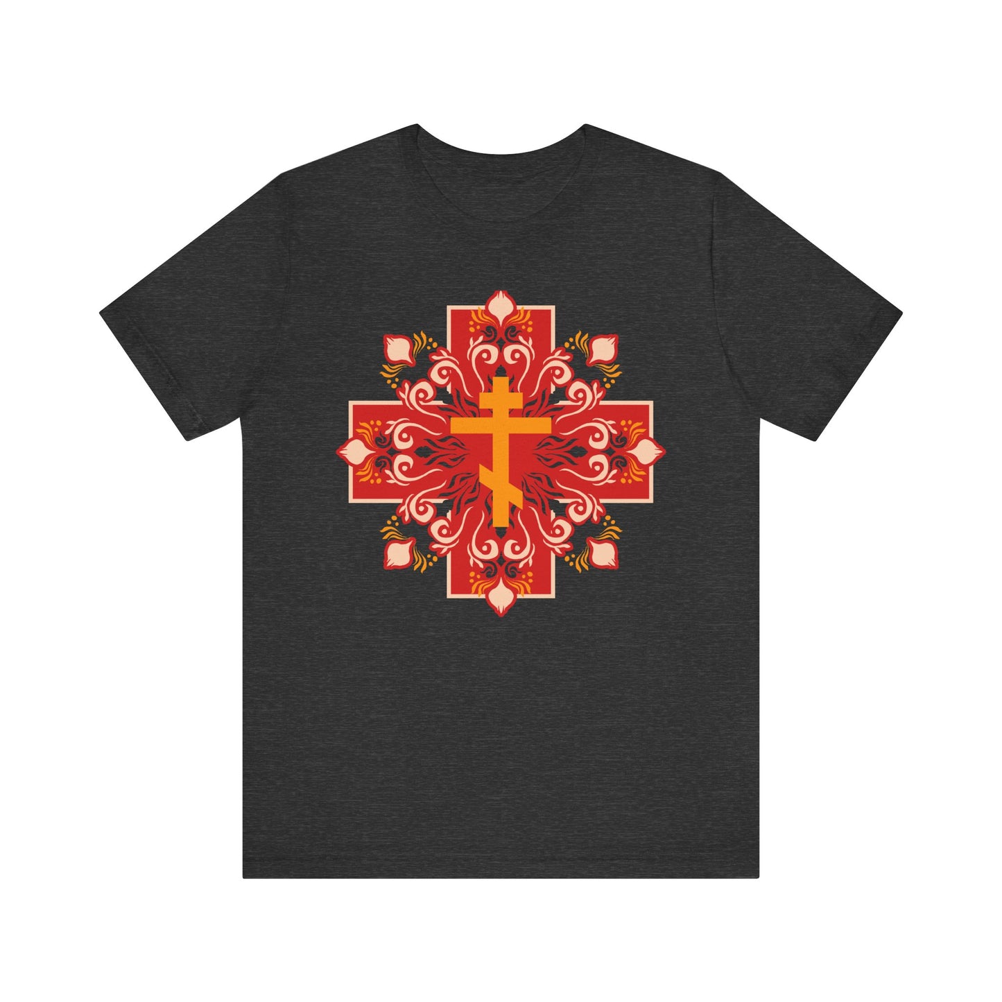 Dark Grey Heather Orthodox lightweight cotton tee featuring an orange and red ornate cross with floral details on the back and “By His Wounds You Have Been Healed” (1 Peter 2:24), a reminder of Christ’s sacrifice.
