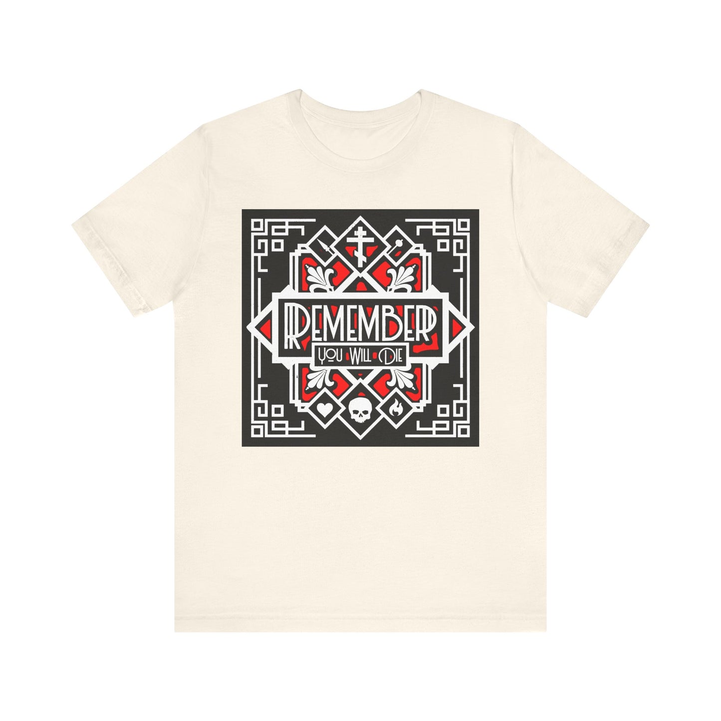Natural lightweight cotton T-shirt featuring an art deco red and white "Remember You Will Die" heart skull fire graphic—a striking Orthodox Christian memento mori inspired by St Ignatius Brianchaninov’s teaching that the remembrance of death is deadly for sin.