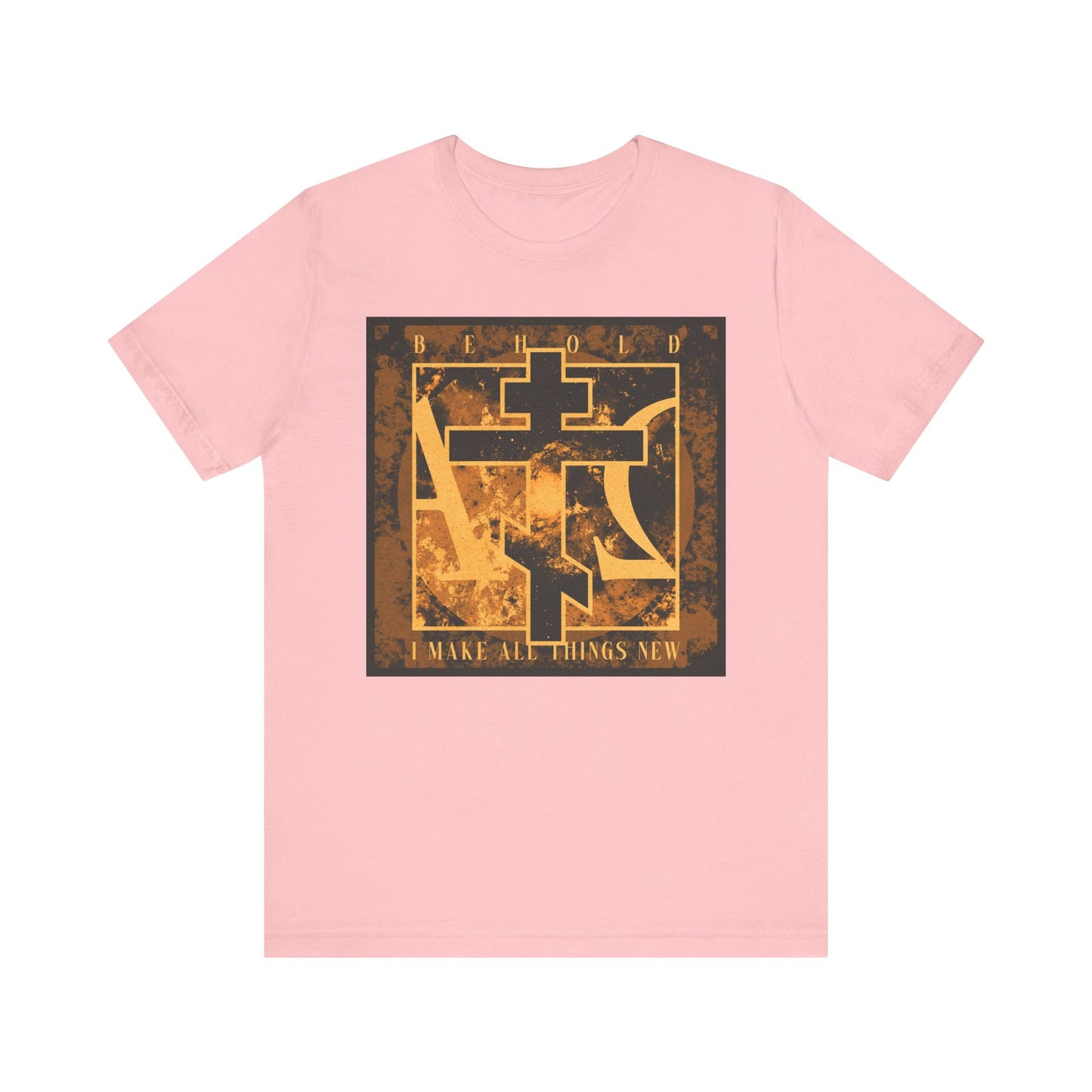 Pink lightweight cotton unisex t-shirt featuring a brown and orange Orthodox cross with Alpha & Omega, and the text “Behold, I Make All Things New” (Rev 21:5), inspired by the promise of renewal.