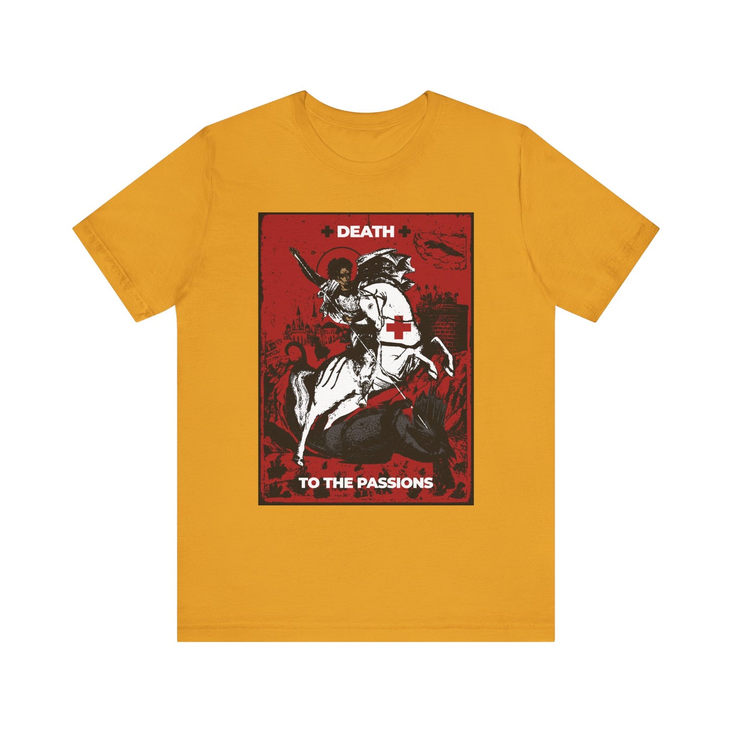 Mustard unisex lightweight cotton T-shirt featuring an illustration of St. George slaying the dragon with “Death to the Passions” text, inspired by Unseen Warfare and Ascetic Orthodox Christianity—a striking reminder to overcome destructive desires.