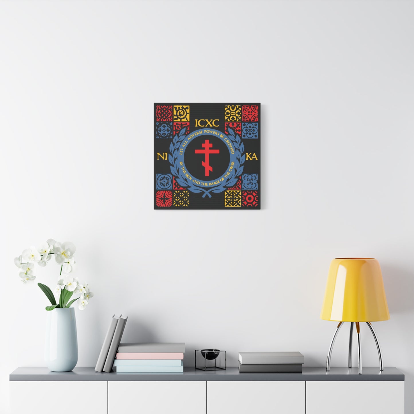 Let All Adverse Powers Be Crushed (Red, Yellow & Blue Design) | ICXC NIKA | Medieval Tile Design | Orthodox Christian Canvas Art